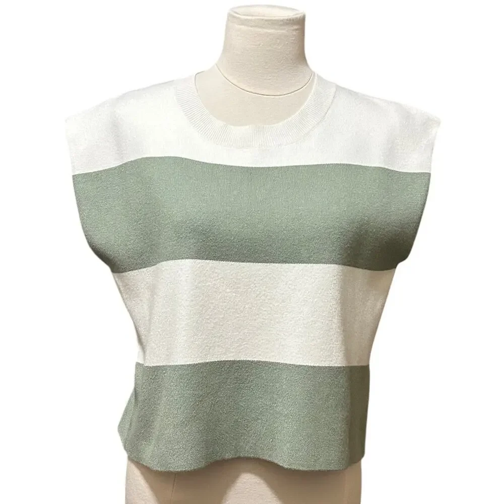 Maeve Anthropologie Sweater Vest Women's Size Med Green Ivory Striped Knit Top - Picture 1 of 9
